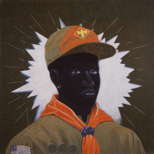 Kerry James Marshall. <em>Scout (Boy),</em> 1995. Acrylic and mixed media on canvas mounted on board. Collection Museum of Contemporary Art, Chicago, Partial and promised gift from the Lewis and Susan Manilow. Collection of Chicago Artists. Courtesy Jack Shainman Gallery, New York.