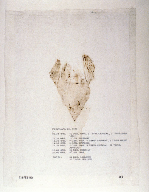 Mary Kelly. Post-Partum Document, 1973–79. Documentation I, Analysed Faecal Stains and Feeding Charts, (detail) 1974. Perpsex units, white card, diaper linings, plastic sheeting, paper,ink, 31 units, 28 x 35.5 cm each. Courtesy Werner Kaligofsy and the artist. Collection of the Art Gallery of Ontario.