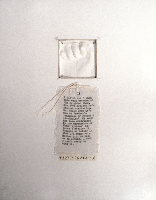 Mary Kelly. Post-Partum Document, 1973–79. Documentation IV, Transitional Objects, Diary and Diagram, (detail) 1976. Perpsex units, white card, plaster, cotton fabric
1 of the 8 units, 28 x 35.5 cm . Courtesy Werner Kaligofsy and the artist. Collection of Kunsthaus Zurich.