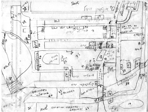 Mayer Kirshenblatt. Map of Opatów/Apt, n.d.. Pencil on paper.  Collection of the artist.  Courtesy of the Judah L. Magnes Museum.  © 2009 Mayer Kirshenblatt.
