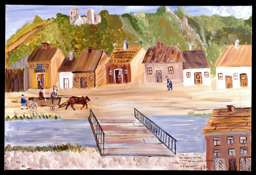 Mayer Kirshenblatt. <em>Ilza, Father’s Hometown: Father Bids His Parents Farewell before Leaving for Canada</em> 1997. Acrylic on canvas.  Collection of the artist.  Courtesy of Barbara Kirshenblatt-Gimblett. © 2009 Mayer Kirshenblatt.