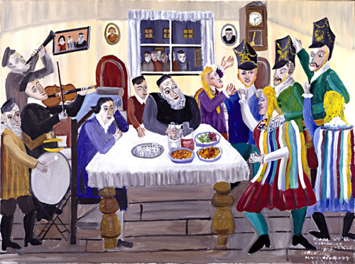 Mayer Kirshenblatt. <em>Purim Play: “The Kraków Wedding”,</em> c. 1994. Acrylic on canvas.  Collection of Barbara Kirshenblatt-Gimblett and Max Gimblett, New York.  Courtesy of Barbara Kirshenblatt-Gimblett.  © 2009 Mayer Kirshenblatt.