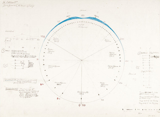 Anthony McCall. In Circuit, 1974. Camera schema, pencil, coloured pencil and red ink on paper, 55.9 x 76.2 cm.