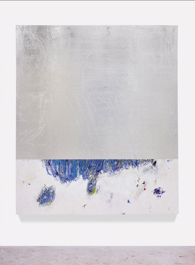 Hugo McCloud. dubbed illusion, 2016. Aluminum foil, oil paint mounted on wood panel, 84 1/4 x 76 1/2 in (214 x 194.3 cm). © Hugo McCloud, courtesy: Sean Kelly, New York.