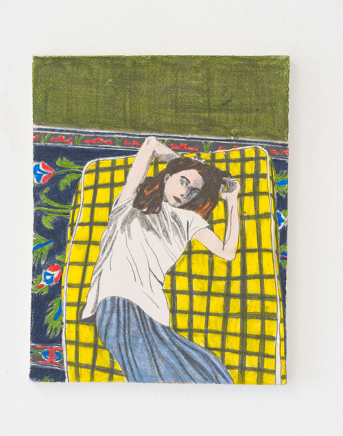 Marie Jacotey. Lying on a Sunday, never getting up, 2014. Coloured pencil on plaster, 14 x 11 x 1 cm. Photograph: Damian Griffiths.