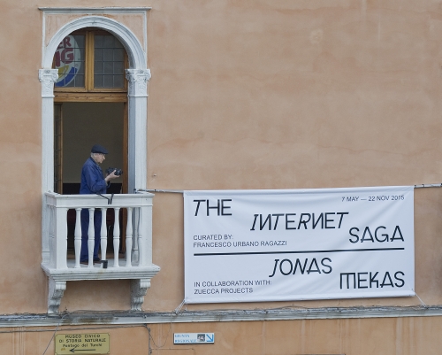 Jonas Mekas in front of the train station. Photograph: Marco Secchi and François Leturcq.