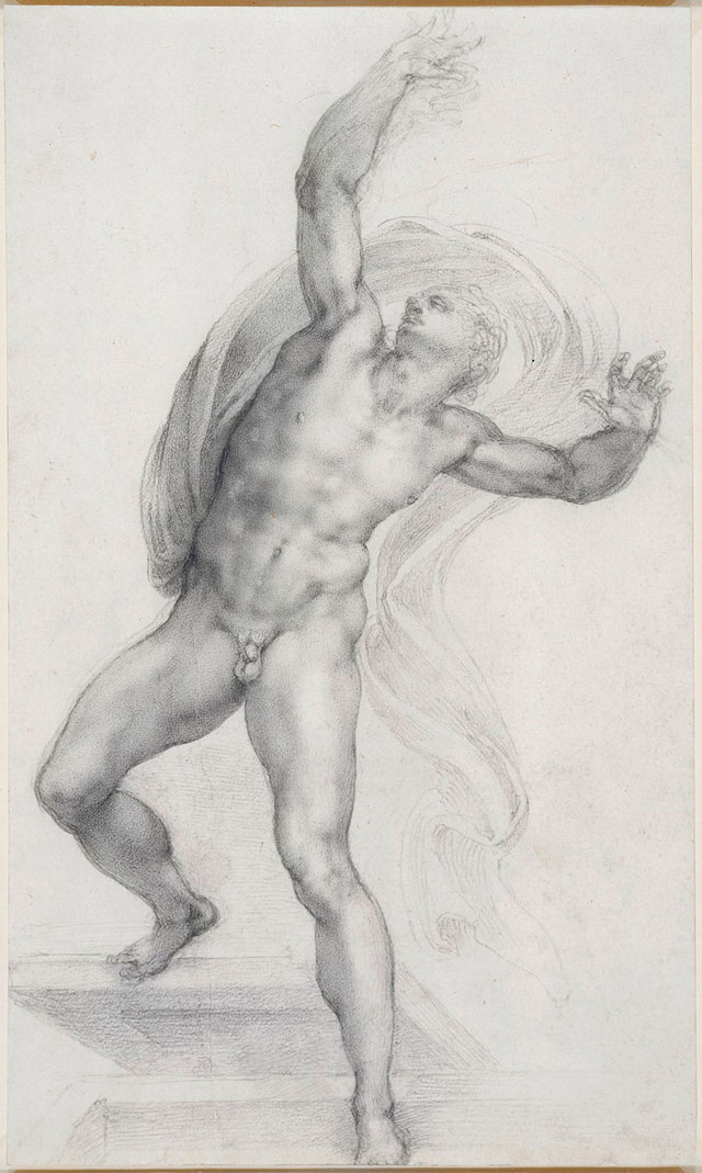 Michelangelo. The Risen Christ, about 1532-3. Black chalk on paper, 37.2 × 22.1 cm. Royal Collection Trust. © Her Majesty Queen Elizabeth II 2017.