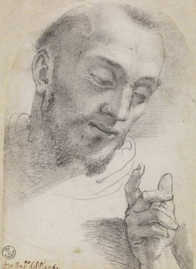 Sebastiano del Piombo. Study for the head of Saint Francis: hand study, c1517-19. Black chalk on paper, 17.2 × 12.2 cm. Gabinetto dei Disegni e delle Stampe, Gallerie degli Uffizi, Florence. © Soprintendenza Speciale per il Polo Museale Fiorentino, Gabinetto Fotografico, Ministero per i Beni e le Attività Culturali.