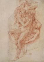 Michelangelo. Lazarus with his right arm held across his chest, draped in a shroud; the upper part of Lazarus's body (upside down), probably 1518. Red chalk on paper, 25 × 18.3 cm. The British Museum, London. © The Trustees of The British Museum.