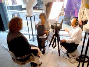 Left to right: Helaine Blumenfeld, Susan Steinberg and David Chilton filming at Helaine's exhibition at Bowman Sculpture Gallery. Photographer: Raphaella Fearns, 2013.