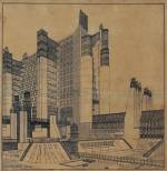 Antonio Sant'Elia (1888-1916). The città nuova apartment building with external elevators, gallery, covered passageway, on three street levels (tramways line, automobile lanes, pedestrian walkway), lamps and wireless telegraph, 1914 © Musei Civici Como- Palazzo Volpi.