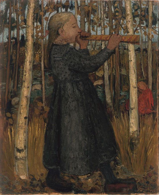 Paula Modersohn-Becker. Jeune fille jouant de la flûte dans la forêt de bouleaux (ou Jeune fille au chalumeau), 1905. Tempera on canvas on wood, 110.4 x 90.2 cm. Museen Böttcherstrasse, Paula Modersohn-Becker Museum, Brême. © Paula-Modersohn-Becker-Stiftung, Brême.