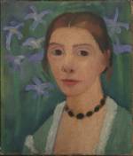 Paula Modersohn-Becker. Autoportrait sur fond vert avec des iris bleus, c1905. Tempera on canvas, 40.7 x 34.5 cm. Kunsthalle Bremen-Der Kunstverein in Bremen, Brême. © Paula-Modersohn-Becker-Stiftung, Brême.