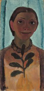 Paula Modersohn-Becker. Autoportrait à la branche de camélia, 1906-1907. Tempera on cardboard, 61.5 x 30.5 cm. Museum Folkwang, Essen. © Paula-Modersohn-Becker-Stiftung, Brême.