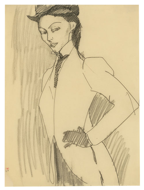 Amedeo Modigliani. L'Amazone, 1909. Black crayon, 30.8 x 23.2 cm. Courtesy: Richard Nathanson, London.