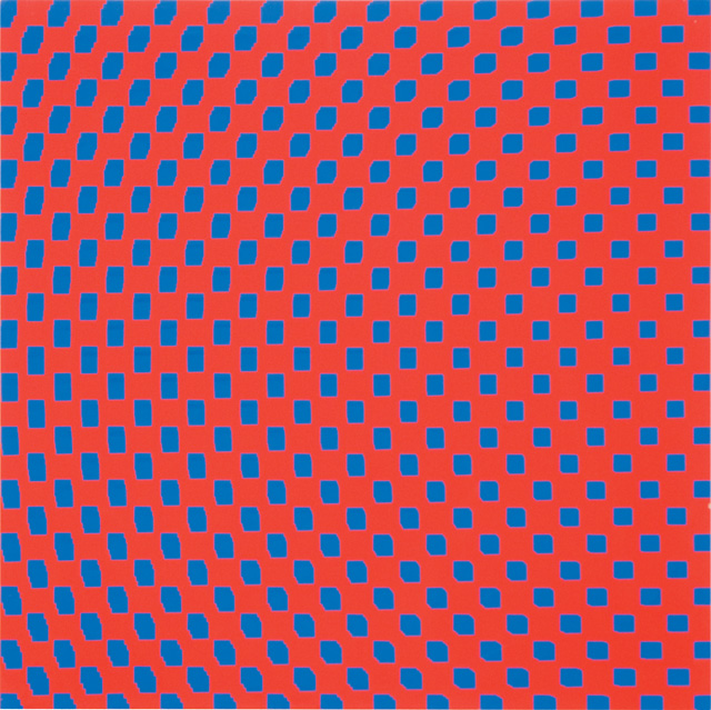 François Morellet. 3 Trames de carrés réguliers pivotés sur le côté, 1970. Silkscreen on wood, 23 5/8 x 23 5/8 in. Courtesy The Mayor Gallery, London.