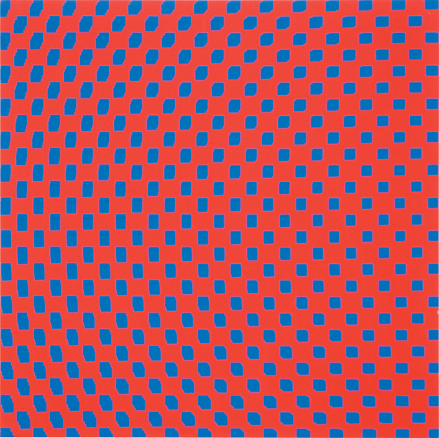 François Morellet. 3 Trames de carrés réguliers pivotés sur le côté, 1970. Silkscreen on wood, 23 5/8 x 23 5/8 in. Courtesy The Mayor Gallery, London.