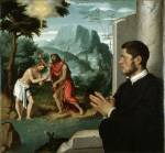 Giovanni Battista Moroni. A Gentleman in Adoration before the Baptism of Christ, c1555-60. Oil on canvas, 112.8 x 104 cm. Gerolamo and Roberta Etro. Photograph: Gerolamo and Roberta Etro.