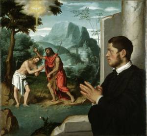 Giovanni Battista Moroni. A Gentleman in Adoration before the Baptism of Christ, c1555-60. Oil on canvas, 112.8 x 104 cm. Gerolamo and Roberta Etro. Photograph: Gerolamo and Roberta Etro.