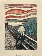 Edvard Munch. <em>The Scream</em>, 1895. Lithograph with watercolor additions. Comp: 13 15/16 x 9 13/16 in (35.2 x 25 cm); Sheet: 17 x 12 13/16 in (43.2 x 32.5 cm). Munch Museum, Oslo (c) 2006 The Munch Museum/The Munch-Ellingsen Group/Artists Rights Society (ARS), New York.