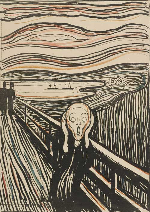 Edvard Munch. The Scream, 1895. Hand-coloured lithograph. Courtesy the Gundersen Collection, Oslo. © Munch Museum, Oslo.