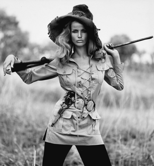 Veruschka in safari suit, 1968, by Yves Saint Laurent (French, 1936–2008). French Vogue, August, 1968. Photograph by Franco Rubartelli (Italian, born 1937). Photograph courtesy of Rubartelli–Vogue France.