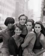 Naomi Campbell, Linda Evangelista, Tatjana Patitz, Christy Turlington, and Cindy Crawford in tops, 1990, by Giorgio di Sant’Angelo (American, born Italy, 1933–1989).  British Vogue, January 1990. Photograph by Peter Lindbergh (German, born 1944). Photograph courtesy of Peter Lindbergh.