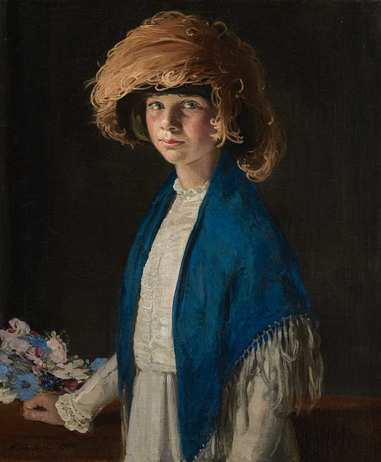 William Nicholson, Nancy with Feather Hat (The Artist’s Daughter), 1910. Oil on canvas, 75 x 62.2 cm. Private collection, courtesy Richard Green Gallery, London.