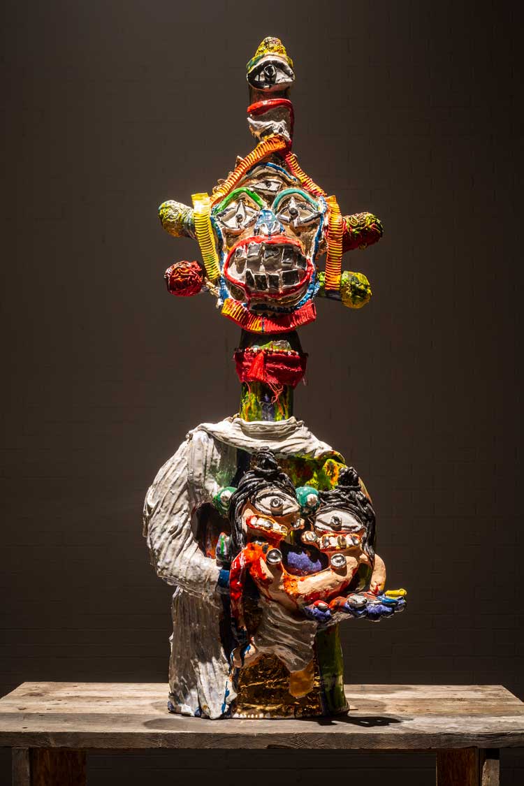 Fertility Figure with Drapery (Queen), Ramesh Mario Nithiyendran, glazed ceramic beads, fabric, 2023, 165 x 65 x 39 cm. Photo courtesy Tramway.