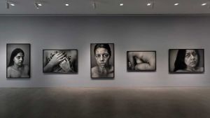 Neshat’s haunting new video installation is a fictionalised account of the effect of imprisonment and torture on a young Iranian woman and is shown here alongside a series of black-and-white nude portraits of female trauma victims