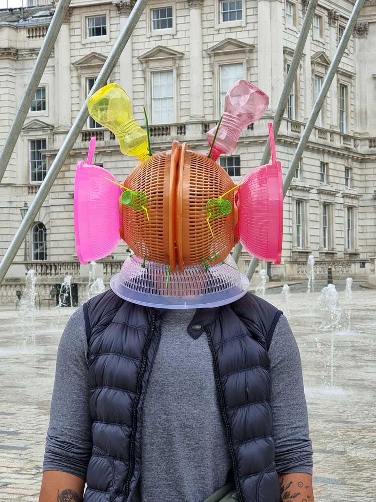 Leeroy New in his junk space helmet, Somerset House, London, 2022. Photo: Juliet Rix.