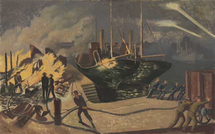 John Nash, A Dockyard Fire, 1940. Oil on canvas, 50.8 x 81.2 cm. Courtesy of the Imperial War Museum.