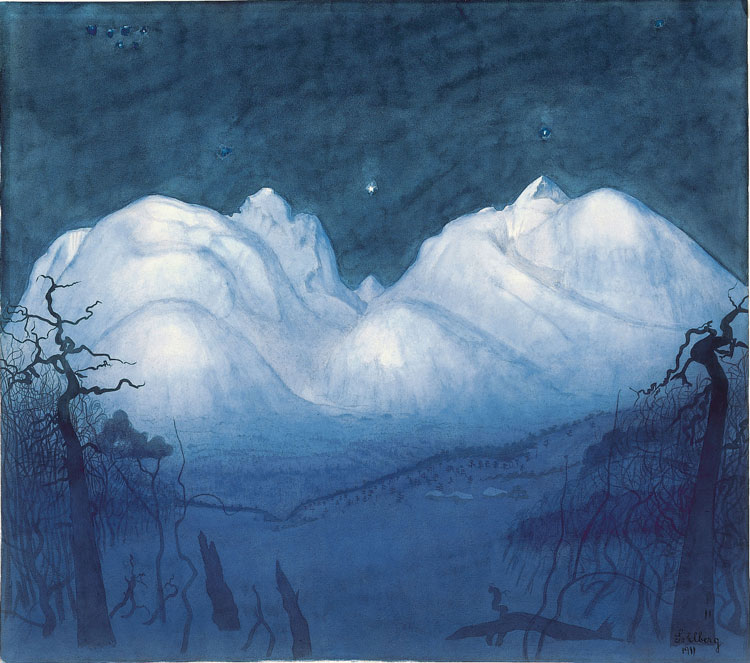 Harald Sohlberg, Vinternatt i fjellene [Winter Night in the Mountains], 1911. Watercolour on paper, 57.5 x 65 cm. Courtesy of the Christen Sveaas Art Collection.