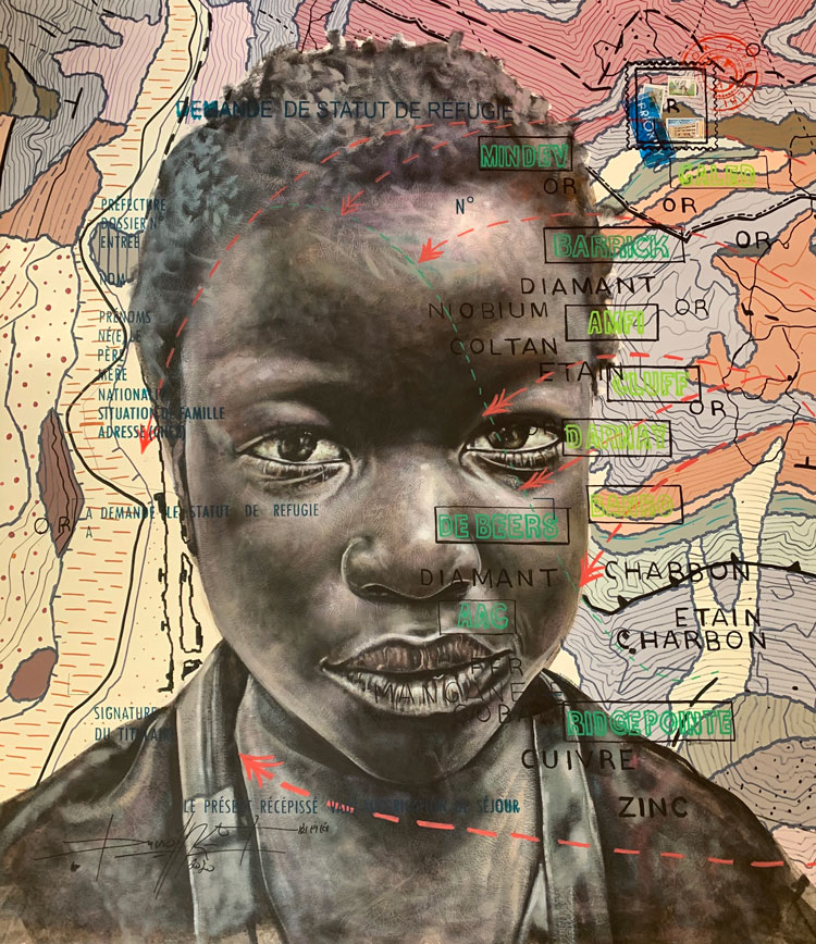 Jean David Nkot. BP. Child of Calabar, 2020. Acrylic, Indian ink and posca on canvas, 120 x 110 cm. Courtesy AFIKARIS Gallery.