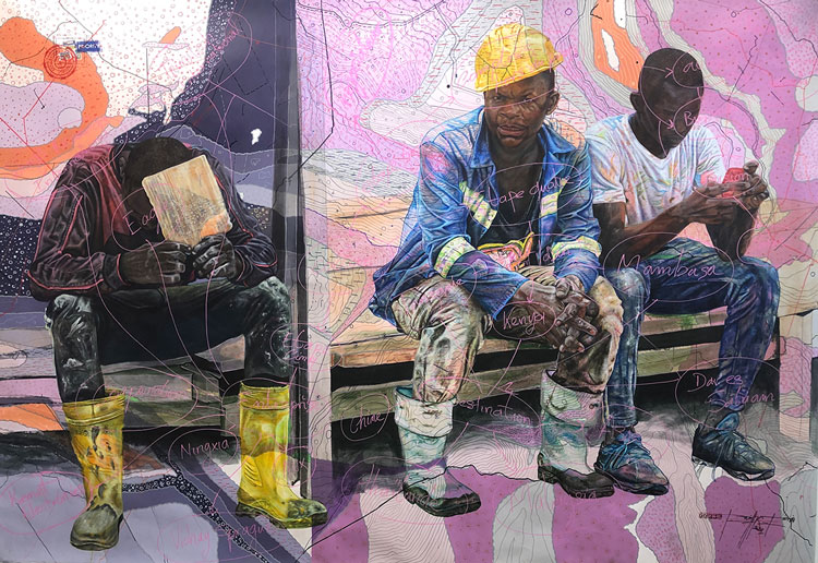 Jean David Nkot. ##/@tiredbody##, 2021. Acrylic, silkscreen printing, posca and collage on canvas, 200 x 300 cm. Courtesy AFIKARIS Gallery.
