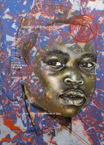 Jean David Nkot. www.look of hopes@.com #6, 2021. Acrylic, posca and silkscreen printing on canvas, 65 x 50 cm. Courtesy AFIKARIS Gallery.