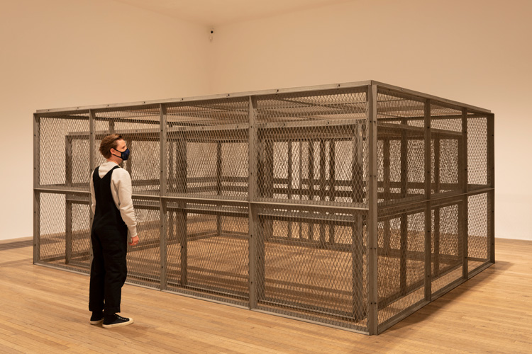 Bruce Nauman. Double Steel Cage Piece 1974. Installation view, Tate Modern, Photo: Tate Photography (Matt Greenwood). Artwork © Bruce Nauman / ARS, NY and DACS, London 2020.