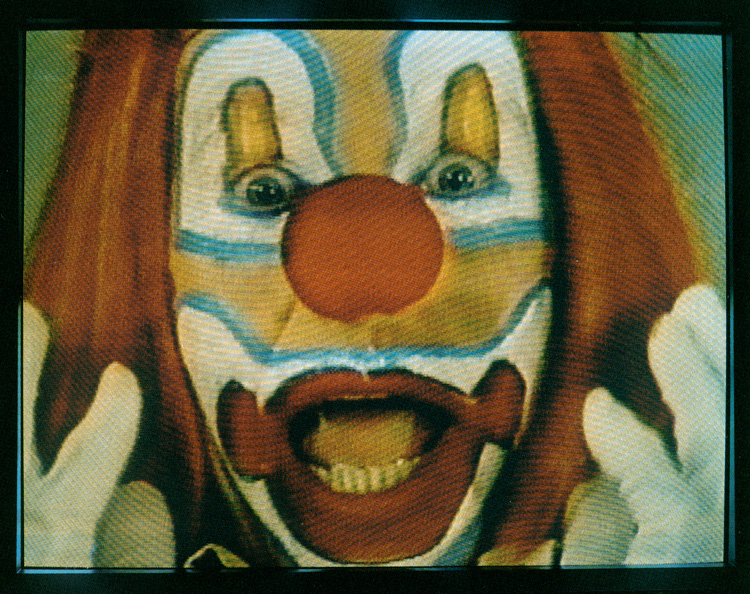 Bruce Nauman. Clown Torture, 1987. Four channel video with sound (two projections, four monitors), approximately one-hour loop. The Art Institute of Chicago, Watson F. Blair Prize, Wilson L. Mead, and Twentieth-Century Purchase funds; through prior gift of Joseph Winterbotham; gift of Lannan Foundation, 1997.162. © Bruce Nauman / ARS, NY and DACS, London 2020, Courtesy Sperone Westwater, New York.