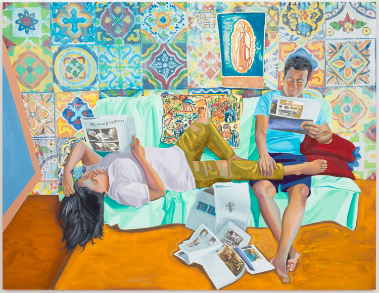Aliza Nisenbaum. Las Talaveritas, Sunday Morning NY Times, 2016. Oil on linen, 88 x 68 in (223.5 x 172.7 cm). Courtesy the artist and Anton Kern Gallery, New York / © Aliza Nisenbaum.