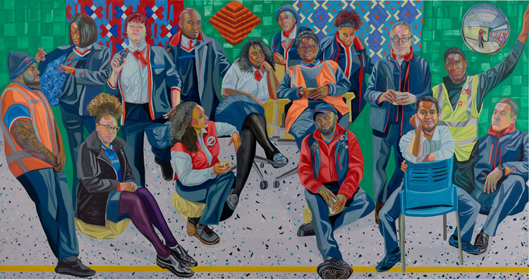Aliza Nisenbaum. London Underground: Brixton Station and Victoria Line Staff, 2019. Oil on polyester, 74 3/4 x 142 1/8 in (190 x 361 cm). Courtesy the artist and Art on the Underground, London; Anton Kern Gallery, New York / © Aliza Nisenbaum.
