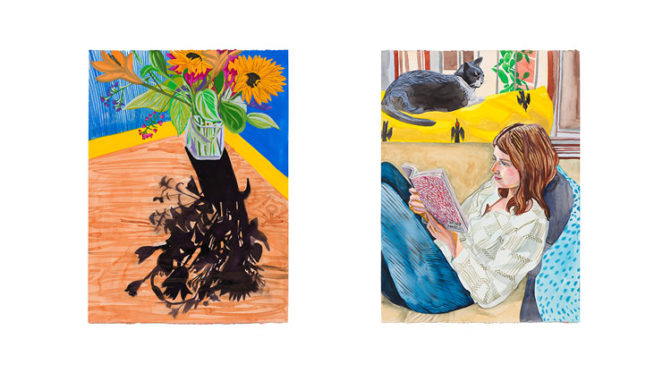 Aliza Nisenbaum. Sunflowers & Alex, 2020. Gouache and watercolour on paper, paper dimensions (each): 30 x 22 in
(76.2 x 55.9 cm). Courtesy the artist and Anton Kern Gallery, New York / © Aliza Nisenbaum.