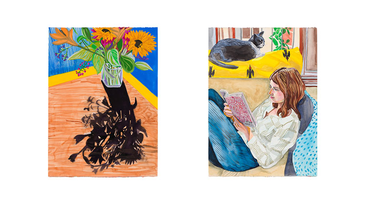 Aliza Nisenbaum. Sunflowers & Alex, 2020. Gouache and watercolour on paper, paper dimensions (each): 30 x 22 in
(76.2 x 55.9 cm). Courtesy the artist and Anton Kern Gallery, New York / © Aliza Nisenbaum.