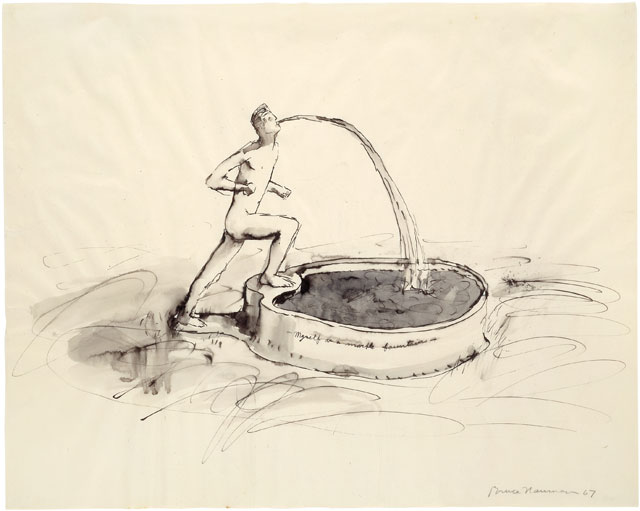 Bruce Nauman. Myself as a Marble Fountain, 1967. Ink with wash, 19 × 24 in (48.3 × 61 cm). Emanuel Hoffmann Foundation, on permanent loan to the Öffentliche Kunstsammlung Basel. © 2018 Bruce Nauman/Artists Rights Society (ARS), New York. Photo: Kunstmuseum Basel, Martin P. Bühler.