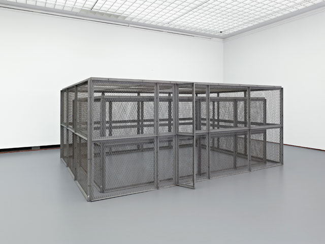 Bruce Nauman. Double Steel Cage Piece, 1974. Steel, 84 11⁄16 × 154 5⁄16 × 204 11⁄16 in (216 × 392 × 520 cm). Museum Boijmans van Beuningen, Rotterdam. © 2018 Bruce Nauman/Artists Rights Society (ARS), New York. Photo: Jannes Linders, Rotterdam.