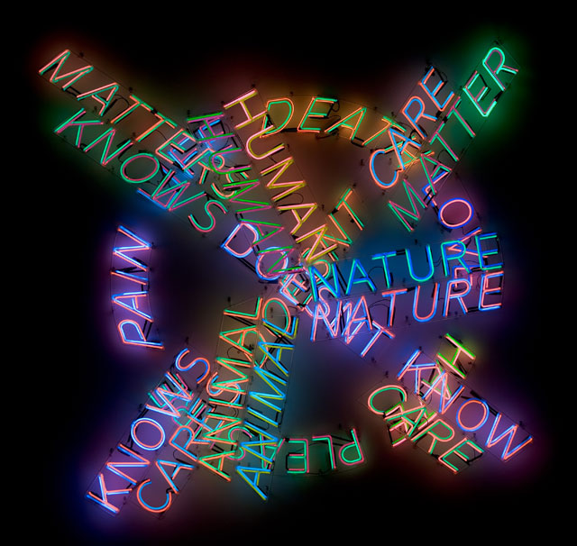 Bruce Nauman. Human Nature/Life Death/Knows Doesn’t Know, 1983. Neon tubing with clear glass tubing suspension frames, 107 1/2 × 107 × 5 3/4 in (273.1 × 271.8 × 14.6 cm). Los Angeles County Museum of Art, Modern and Contemporary Art Council Fund. © 2018 Bruce Nauman/Artists Rights Society (ARS), New York. Photo © Museum Associates/LACMA.