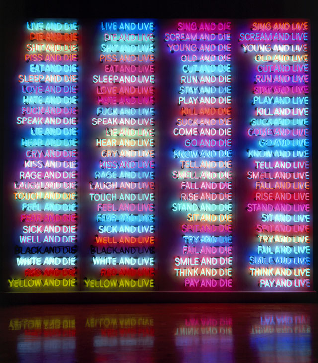 Bruce Nauman. One Hundred Live and Die, 1984. Neon tubing with clear glass tubing on metal monolith, 118 × 132 1/4 × 21 in (299.7 × 335.9 × 53.3 cm). Collection of Benesse Holdings, Inc./Benesse House Museum, Naoshima. © 2018 Bruce Nauman/Artists Rights Society (ARS), New York. Photo: Dorothy Zeidman, courtesy the artist and Sperone Westwater, New York.