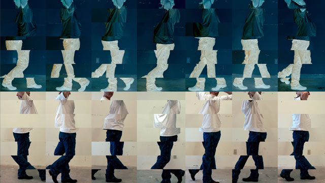 Bruce Nauman. Contrapposto Studies, i through vii, 2015/16. Seven-channel video (colour, sound, continuous duration), dimensions variable. The Museum of Modern Art, New York. Jointly owned by The Museum of Modern Art, New York, acquired in part through the generosity of Agnes Gund and Jo Carole and Ronald S. Lauder; and Emanuel Hoffmann Foundation, on permanent loan to Öffentliche Kunstsammlung Basel. © 2018 Bruce Nauman/Artists Rights Society (ARS), New York. Photo courtesy the artist and Sperone Westwater, New York.