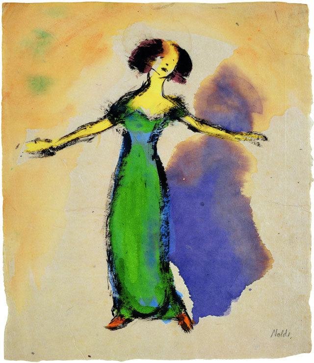Emil Nolde. Singer (in a green dress), 1910-11. Watercolour on paper, 32.6 x 28 cm. © Nolde Stiftung Seebüll.
