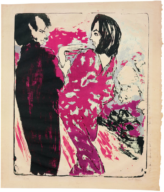 Emil Nolde. Young Couple, 1913. Colour lithograph (four stones) on paper, in grey-violet, red and black, 62 x 50.5 cm. © Nolde Stiftung Seebüll.