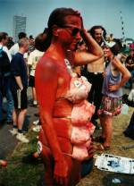 Neo Naturists, Many Breasted Godess, Sacred Red Ochre sow, Criminal Justice Bill March, Hyde Park, London 24 July 1994. Courtesy of the Neo Naturist Archive.